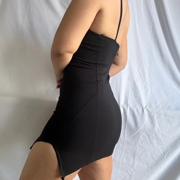 Black Windsor Slit Asymmetrical Strap Mini Dress - Picture 2 of 5